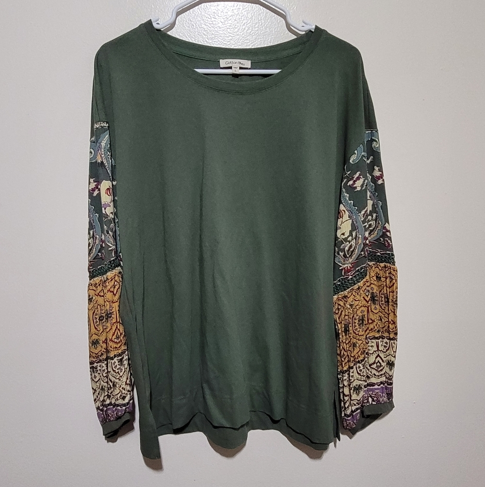 Cotton Bleu Green Long‎ Sleeve Top with Patterned Sleeves